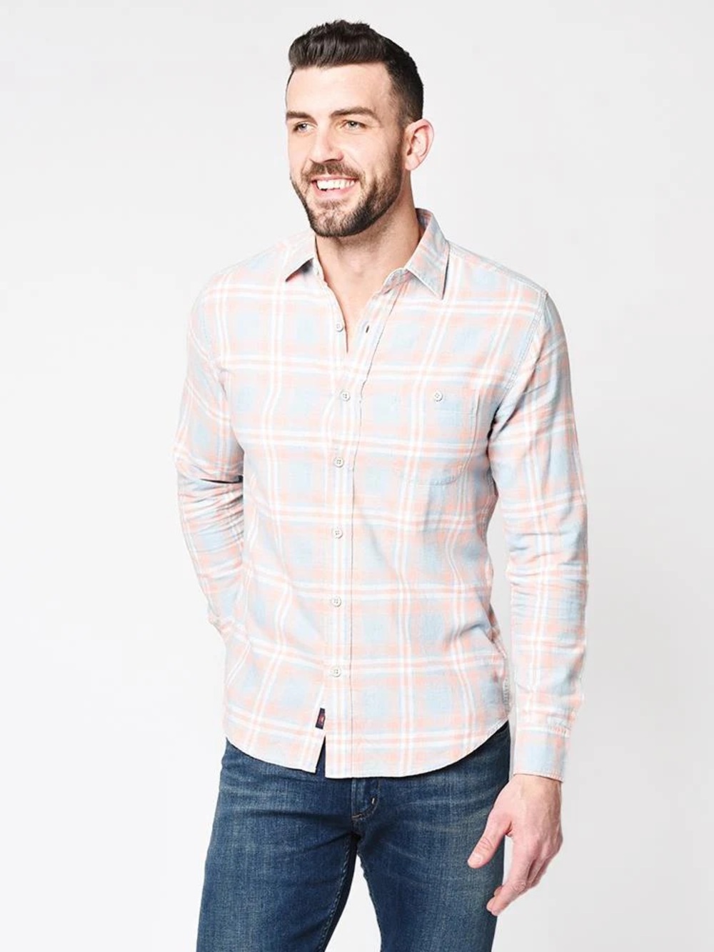 Faherty Stretch Seaview Flannel Shirt Orange Blue Plaid Size XL